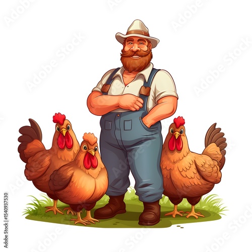 Professional Illustration of a Farmer with Four Hens in a Farm Setting