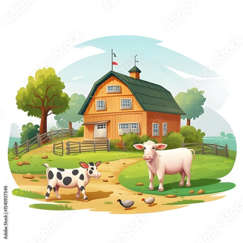 Detailed Illustration of a Beautiful Farmhouse with Animals in a Rural Setting