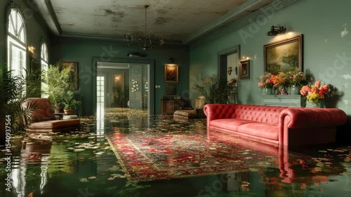 Elegant vintage living room partially submerged in water after flooding, with floating decor and furniture