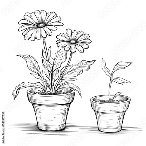 Detailed sketch of a flower and pot on white background for botanical illustrations