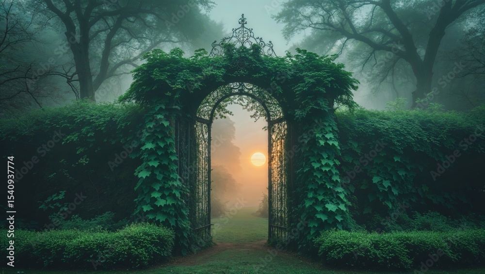 Obraz premium A stunning garden gate framed by lush greenery welcomes you into a mystical, foggy landscape.