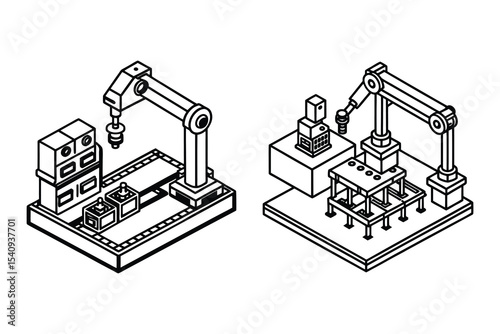 Isometric view of industrial robots in a factory setting