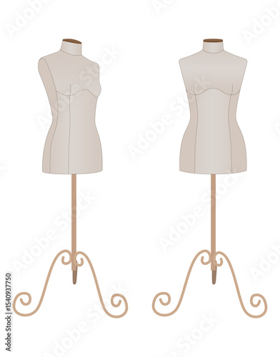 Realistic vector illustration of two female dressmaker mannequins on stands. Tailoring and fashion design forms for garment fitting. Isolated on white background.