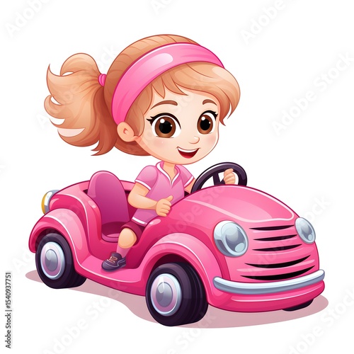 Professional Illustration of a Fashionable Girl Driving a Pink Car in a Modern Style