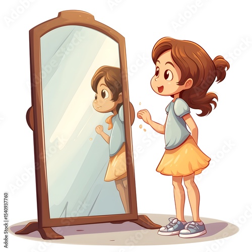 Professional illustration of a young girl looking at herself in the mirror
