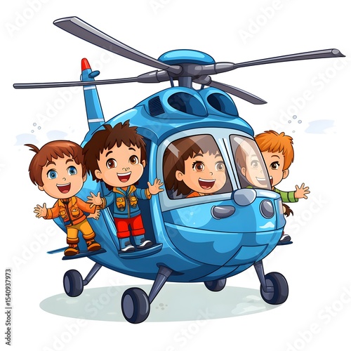 Professional Illustration of Kids Enjoying Helicopter Ride - Creative Vector Artwork