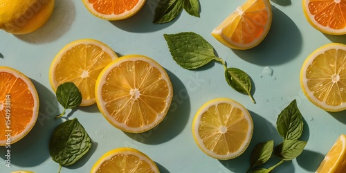 Summer Citrus Flat Lay with Lemon Popsicle, Mint, and Sunlit Vibes on White Surface 