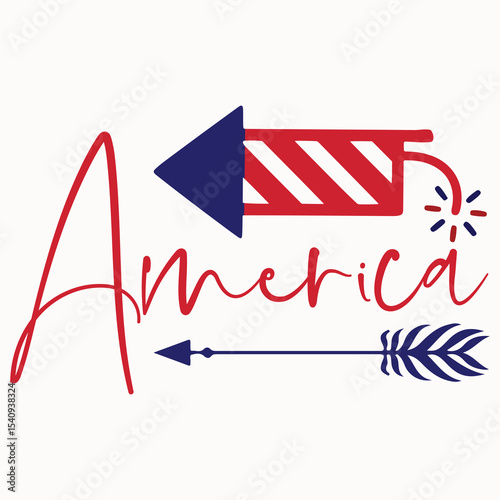 "Patriotic America Lettering with Firework Rocket and Arrow – 4th of July Celebration Design"