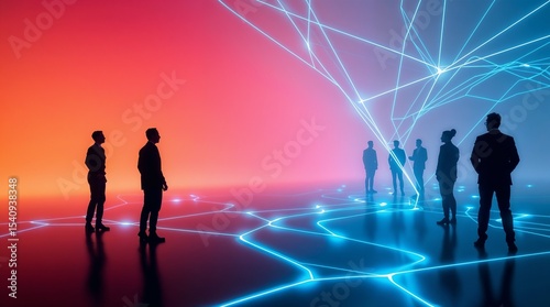 Abstract human silhouettes connected by glowing lines in a blue gradient