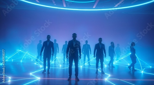 Abstract human silhouettes connected by glowing lines in a blue gradient