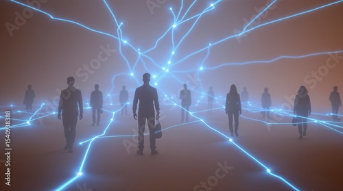 Abstract human silhouettes connected by glowing lines in a blue gradient