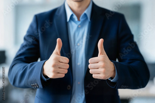 success feedback or hands of businessman concept thumbs up for agreement praise or kpi goals achievement in office zoom leadership or employee thumb up for yes sign compliance or work support
