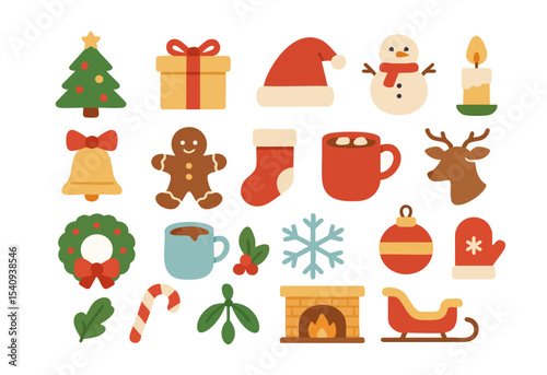Vector set of Christmas elements including tree, gifts, wreaths, mittens, and gingerbread. Ideal for holiday cards, seasonal decorations, packaging, and festive designs.