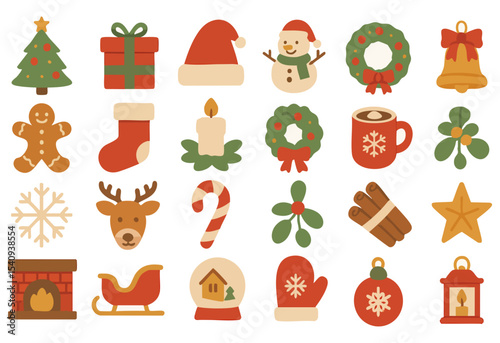 Vector set of Christmas elements including tree, gifts, wreaths, mittens, and gingerbread. Ideal for holiday cards, seasonal decorations, packaging, and festive designs.