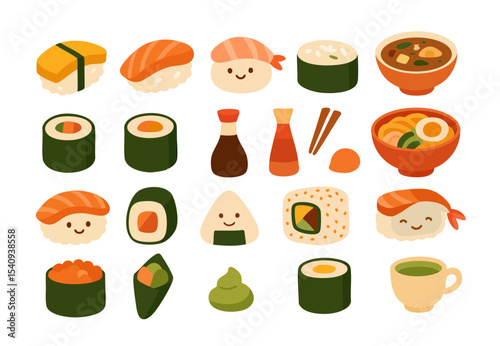 Vector set of cute Japanese food with kawaii faces, including sushi, tofu, tea, and soup. Ideal for kids’ designs, menus, packaging, and fun culinary illustrations.