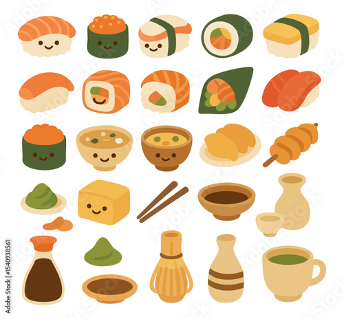 Vector set of cute Japanese food with kawaii faces, including sushi, tofu, tea, and soup. Ideal for kids’ designs, menus, packaging, and fun culinary illustrations.