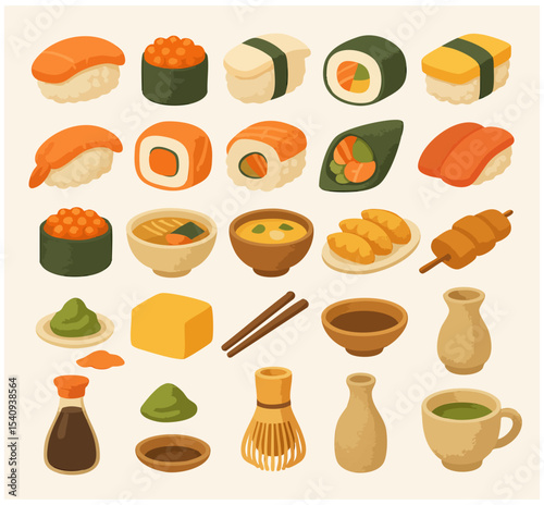 Vector set of Japanese food and drink items including sushi, miso soup, matcha, soy sauce, and chopsticks. Perfect for menus, culinary blogs, packaging, and Asian culture content.