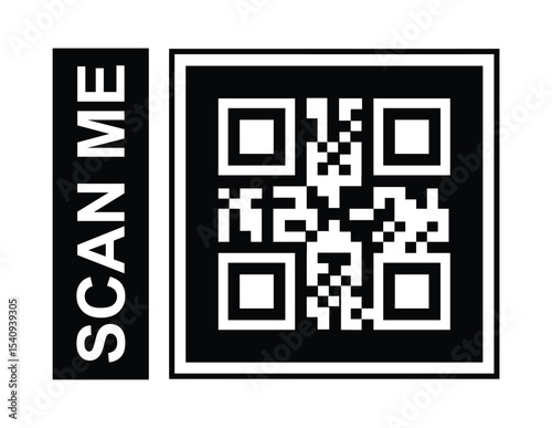 Minimalist black and white QR code centered, framed by a thin border. Bold sans-serif "SCAN ME" text label placed clearly to its left. Clean, high-contrast design, direct frontal perspective. 