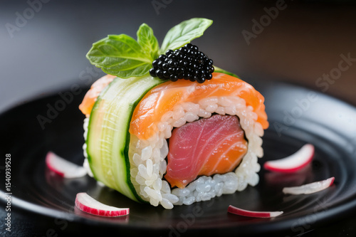 sushi set various products black stone plate blur background selective focus concept sushi set varios productos plato piedra negro desenfoque fondo enfoque selectivo concepto