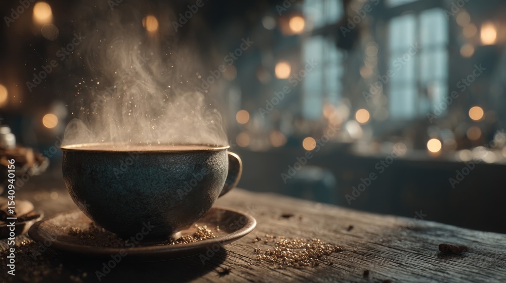 Fototapeta premium Steaming Teacup on Rustic Wooden Table with Warm Lighting
