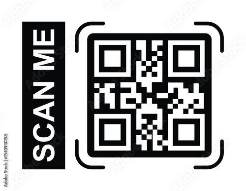 Minimalist black and white QR code centered, framed by a thin border. Bold sans-serif "SCAN ME" text label placed clearly to its left. Clean, high-contrast design, direct frontal perspective. 