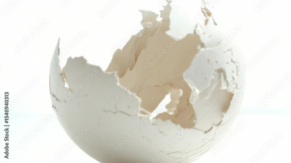A cracked eggshell on a clean white surface, perfect for illustrating the fragility of life.