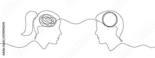 Woman head with a tangled mind and a man's head with an unraveling thread of thoughts, one continuous editable line. Vector concept of chaos and problems in relationships and marriage, mental health