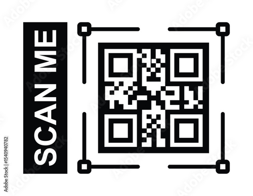 Minimalist black and white QR code centered, framed by a thin border. Bold sans-serif "SCAN ME" text label placed clearly to its left. Clean, high-contrast design, direct frontal perspective. 