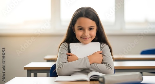 Girl smiling proudly with notebook in classroom
