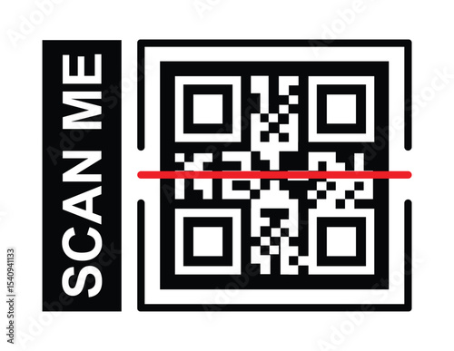 Minimalist black and white QR code centered, framed by a thin border. Bold sans-serif "SCAN ME" text label placed clearly to its left. Clean, high-contrast design, direct frontal perspective. 