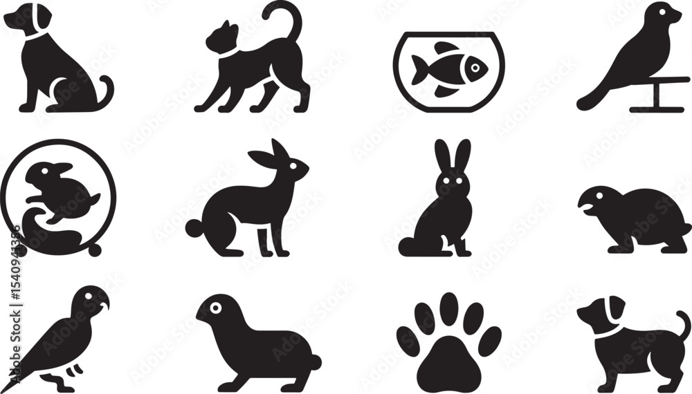 Fototapeta premium Black Silhouette Icons of Various Pets Dog Cat Rabbit Bird Fish Turtle