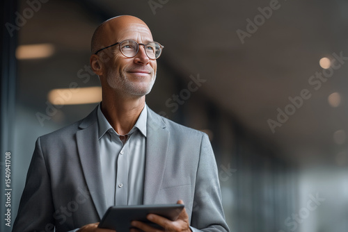 Confident middle-aged businessman CEO in a sleek modern suit posing with arms crossed in office environment photo