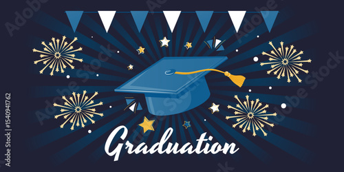 Graduation Cap with Tassel, Fireworks, Stars, and Pennant Flags on Dark Background with Radial Rays. Graduation Party and Celebration Concept. Vector Illustration.