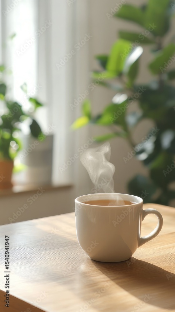 A steaming cup of tea sits on a wooden table, bathed in sunlight, with a blurred background of plants and a window A steaming cup of tea sits on a wooden table, bathed in sunlight, with a blurred background of plants and a window
