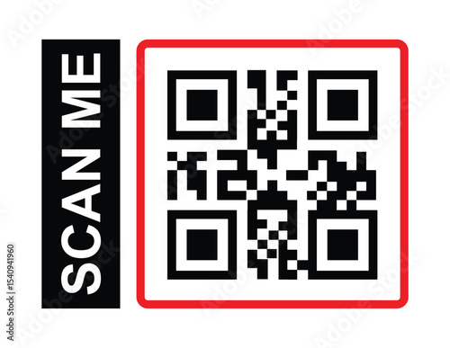 Minimalist black and white QR code centered, framed by a thin border. Bold sans-serif "SCAN ME" text label placed clearly to its left. Clean, high-contrast design, direct frontal perspective. 