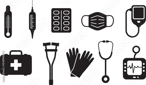 Ten Black Medical Silhouette Icons Set white 3