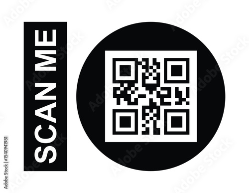 Minimalist black and white QR code centered, framed by round black border. Bold sans-serif "SCAN ME" text label placed clearly to its left. Clean, high-contrast design, direct frontal perspective. 