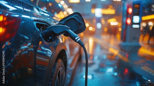 Electric vehicle charging at night in a vibrant urban setting with city lights