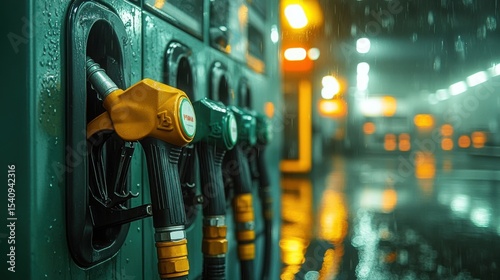 Fuel pumps in a gas station illuminated by artificial lights during a rainy night