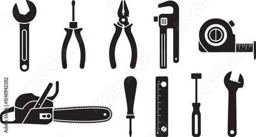 Ten Black Silhouette Tool Icons Wrench Pliers Saw tools 1