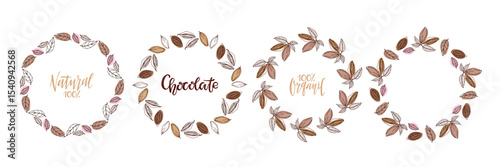 Chocolate logo set. Round Cocoa beans frames. Doodle Outline vector illustration. Organic product sketch. Sweets, cooking ingredient. Chocolate cocoa beans Round frame template sketch illustration