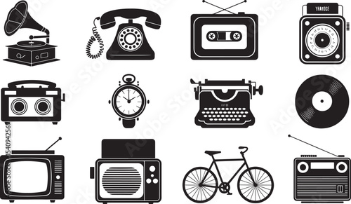 Ten Black Silhouette Vintage Objects Vector Icons illustration 1