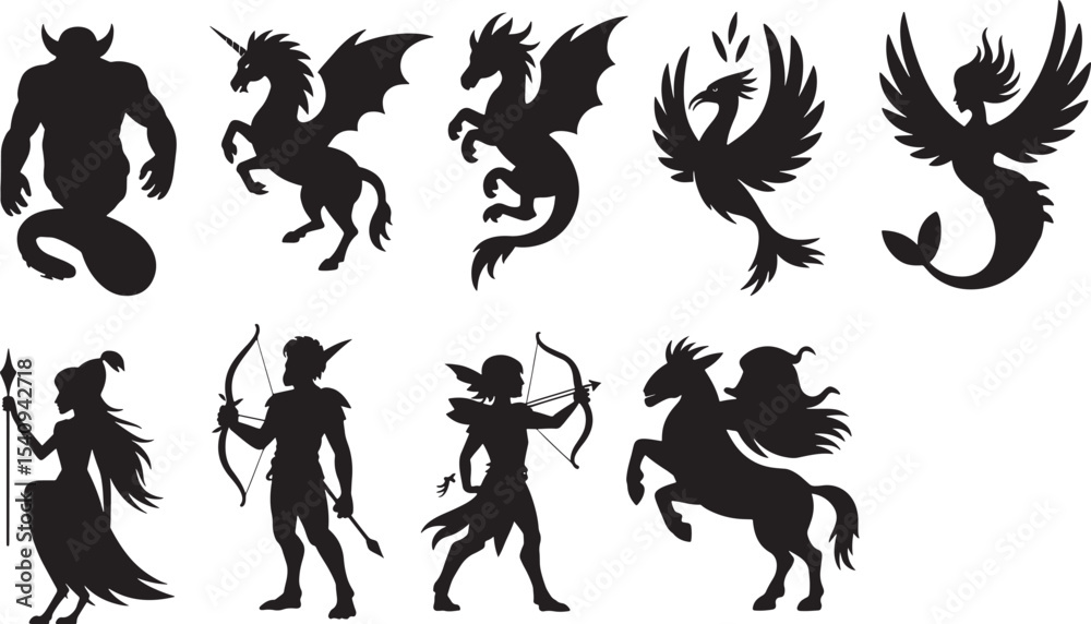 Fototapeta premium Ten Black Silhouettes Fantasy Creatures Archers mythical 1