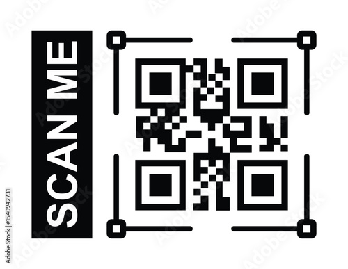 Minimalist black and white QR code centered, framed by a thin border. Bold sans-serif "SCAN ME" text label placed clearly to its left. Clean, high-contrast design, direct frontal perspective. 
