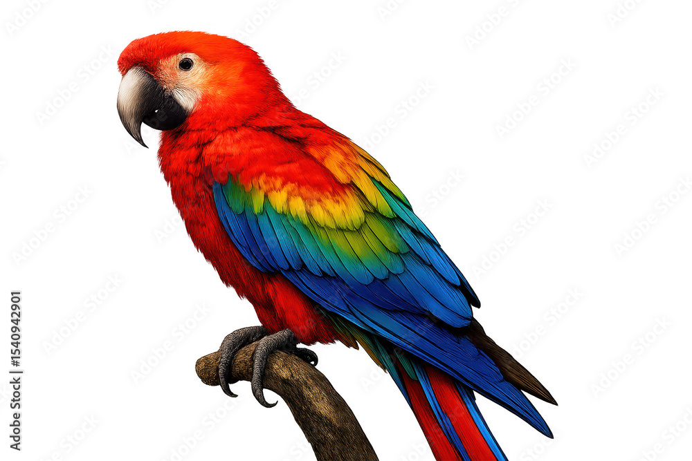 Naklejka premium Colorful Scarlet Macaw parrot isolated on transparent background, vibrant bird