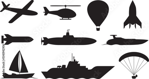 Ten Black Silhouettes of Transportation Vehicles and Air Sports Equipment 1