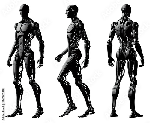 Monochrome image of a cyborg in three projections front view side view and back view on a white isolated background. Vector graphics. EPS.