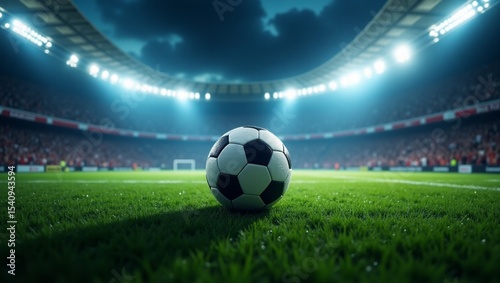 uma cena de futebol dramática e cinematográfica à noite, dentro de um estádio lotado. Bola no centro