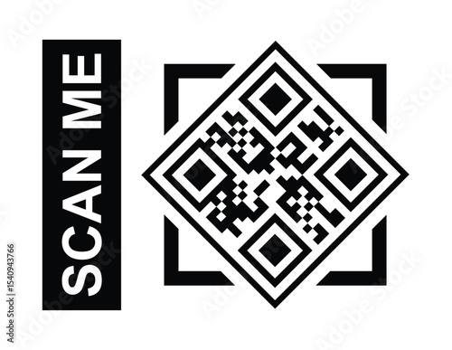 Minimalist black and white QR code centered, framed by a thin border. Bold sans-serif "SCAN ME" text label placed clearly to its left. Clean, high-contrast design, direct frontal perspective. 