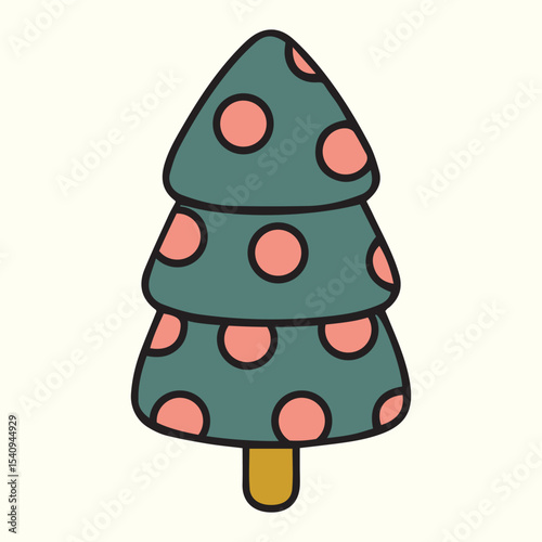 Christmas tree simple illustration. Flat vector element on isolated background. Green tree decorated with red baubles and ornaments